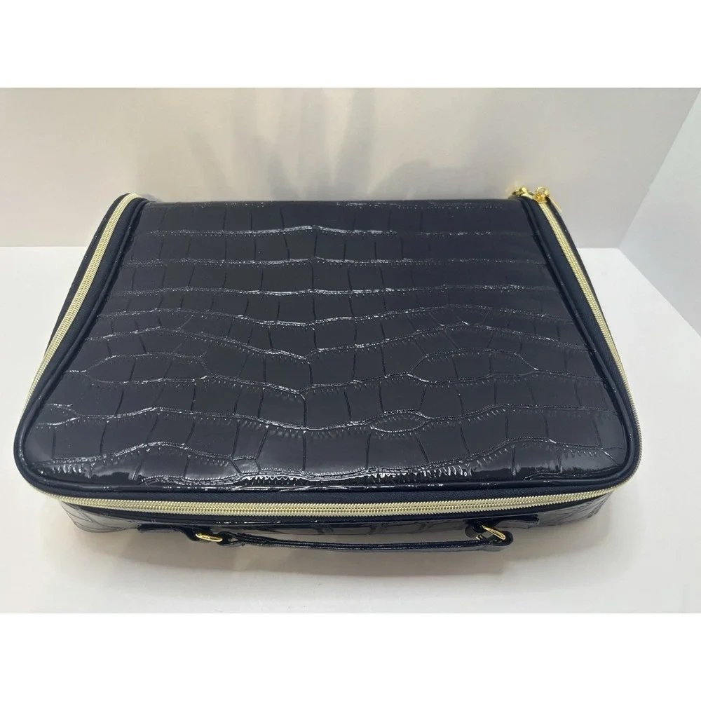 VTG Estee Lauder Navy Blue Faux Crocodile Embossed Make-up Travel Bag Train Case